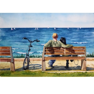 Relaxing on the beach Seascape original watercolor Rest on the sea Romantic couple meeting Travel memories  Gift for sea lovers