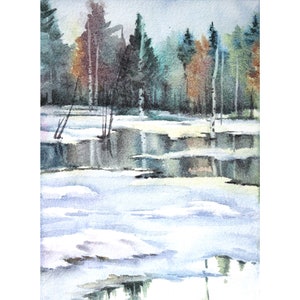 Early Spring Forest Watercolor Painting: Snowy Landscape Art (7.9x11.8 in)