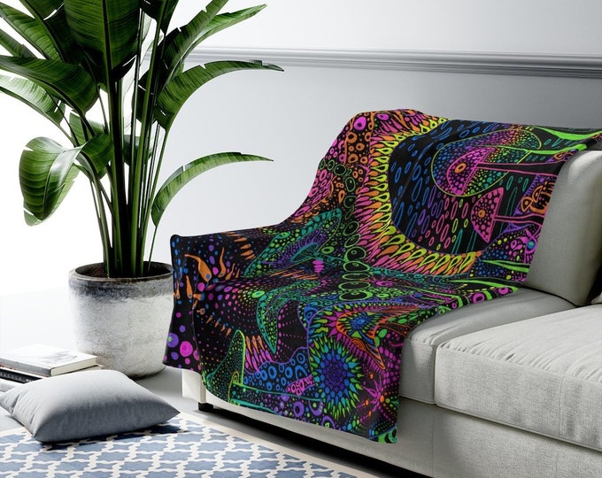 Psychedelic Throw Blanket | Trippy Art | Mushroom Decor | Unique Gift | Velveteen Lightweight | Trippy Vibes | Festival | Colorful & Fun!