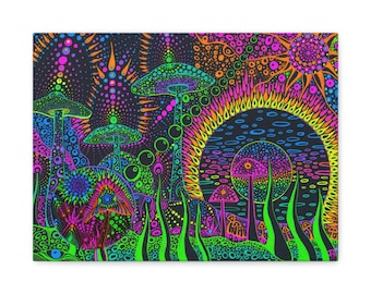 Mushrooms on the Moon | Gallery wrap canvas print from original drawing | Trippy Art | Mushroom Art | Abstract Landscape | Fantasy Landscape