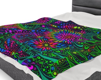 Psychedelic Throw Blanket | Trippy Art | Mushroom Decor | Unique Gift | Velveteen Lightweight | Trippy Vibes | Festival | Colorful & Fun!