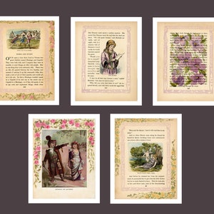 Puede incluir: Cinco páginas de libro vintage con ilustraciones y texto. Las páginas presentan una escena de personas jugando un juego, una mujer leyendo un libro, un diseño floral, una pareja de pie en un bosque y una pareja sentada en una roca junto a un lago.