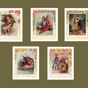Könnte beinhalten: Fünf Vintage-Illustrationen mit floralen Rändern, die Szenen aus Shakespeares Stücken darstellen. Die Illustrationen zeigen Romeo und Julia, Wie es euch gefällt, Ein Sommernachtstraum, Der Widerspenstigen Zähmung und Viel Lärm um Nichts.