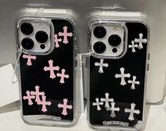 pink cross design y2k style iPhone Case handmade, mirror case, Cute iPhone case, winter case, iPhone 14 13 12 11 case