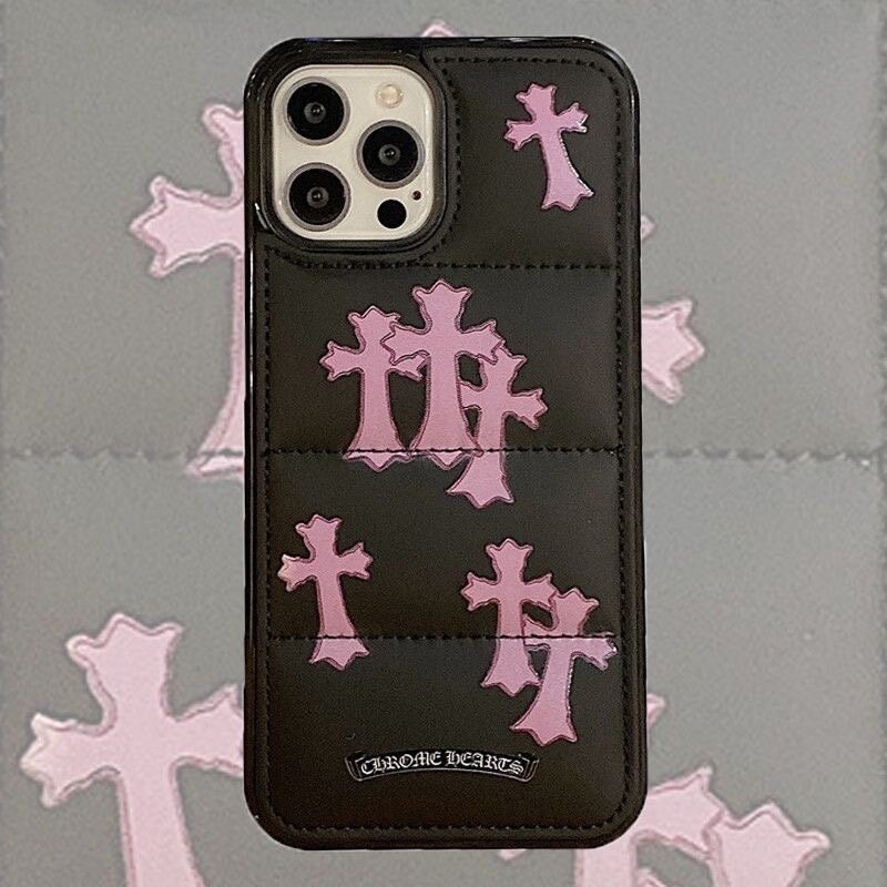 Pink black cross design y2k style iPhone Case handmade puffer ...