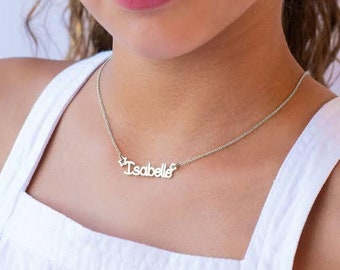 Girls Name Necklace, Tiny Name Necklace in Sterling Silver, Personalized Name Necklace, Kids Name Necklace with Star, Custom Gift for Girl