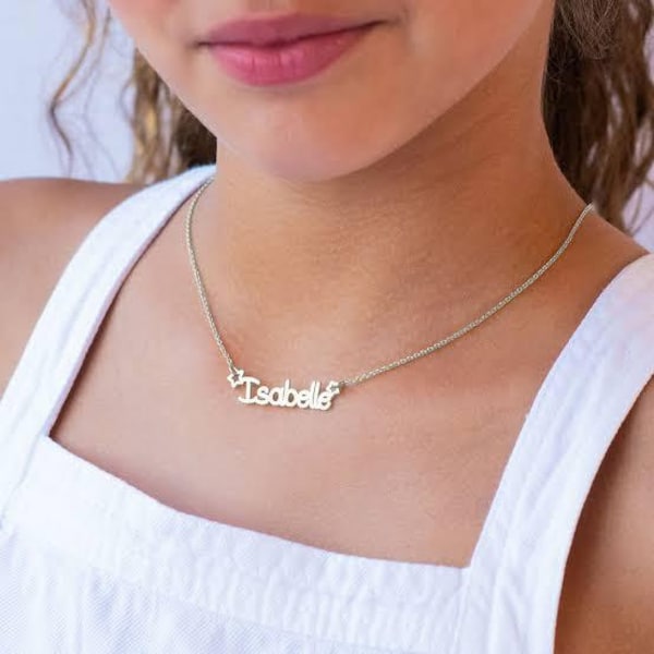 Girls Name Necklace, Tiny Name Necklace in Sterling Silver, Personalized Name Necklace, Kids Name Necklace with Star, Custom Gift for Girl