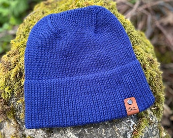 Peruvian Wool Blue Adult/Teen Double Brim Hightop Beanie, Royal Blue Double Brim Winter Hat, Hand Knit Hightop Toque, 20”-21”