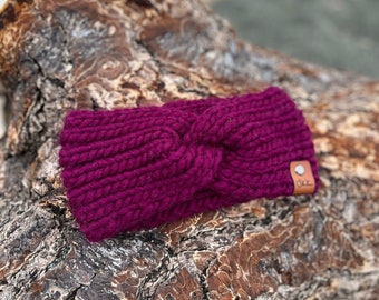 Merino Wool Burgundy Adult/Teen Headband, Chunky Merino Ear warmer, Merino Cable Headband 20”-21” Circumference