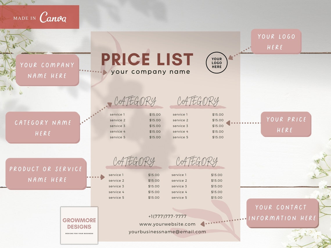 Price Style BOHO Aesthetic Price List Template Editable Canva Price - Etsy