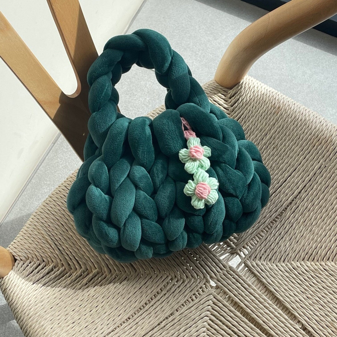 Handmade Deep Green Green Velvet Chunky Yarn Bag With Daisy, Velour
