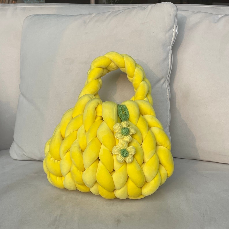 Handmade Yellow Velvet Chunky Yarn Tote Bag With Daisy Charm, Giant