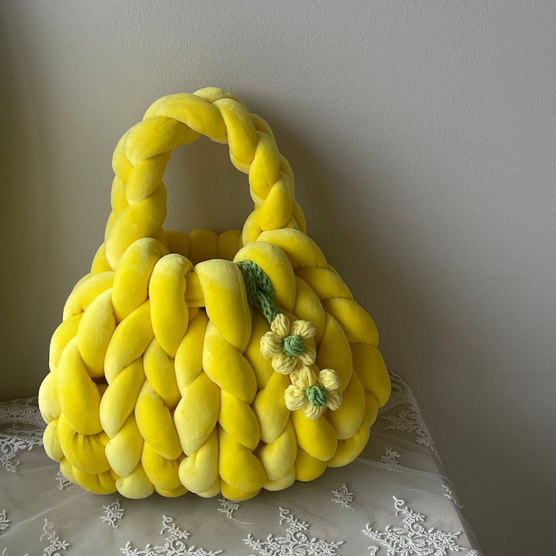 Handmade Yellow Velvet Chunky Yarn Tote Bag With Daisy Charm, Giant