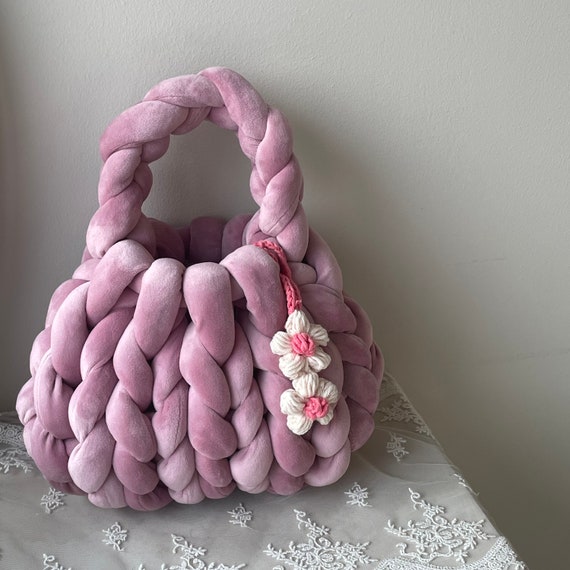 Handmade Pink Velvet Chunky Yarn Tote Bag With Daisy Charm, Giant