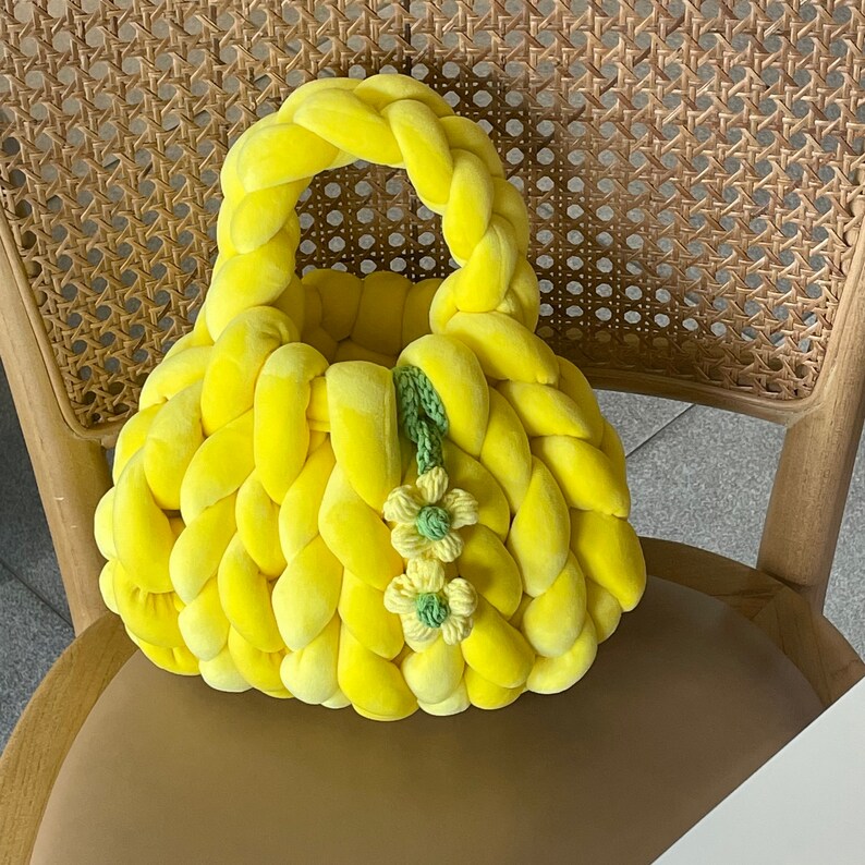 Handmade Yellow Velvet Chunky Yarn Tote Bag With Daisy Charm, Giant