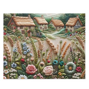 Vintage Floral Embroidery Like Designed Jigsaw Puzzle - Serene Neutral Field (120, 252, or 500 Pieces)