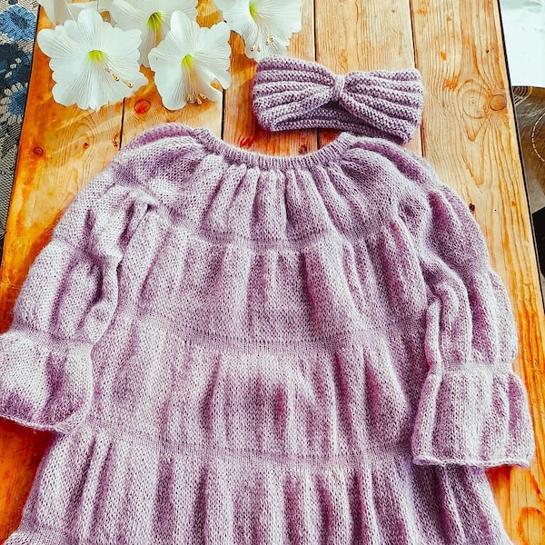 Robe angora tricotée à la main et bandeau, robe bébé angora, robe angora moelleuse, tenue angora, robe en tricot angora, robe angora pour enfants