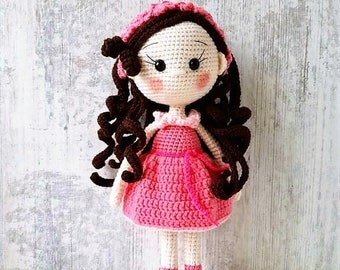 Crochet Doll with Curly Hairstyle, Handmade Doll in Pink Dress, Amigurumi Doll, Gift Baby Doll