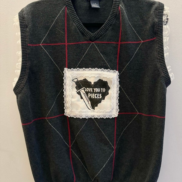 Dark Romantic Coquette Upcycled Sweater Vest Unisex Size L Large OOAK Grey Red Plaid Emo Punk Goth Patches DIY