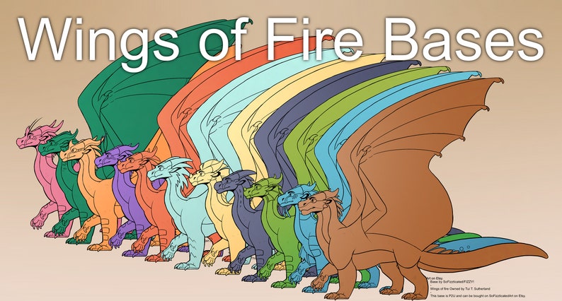 May include: Line art of 13 dragon wings in various sizes and colors, arranged in a row from smallest to largest. The wings are outlined in black and filled with different colors, including pink, green, orange, purple, blue, yellow, and brown. The text "Wings of Fire Bases" is at the top of the image.