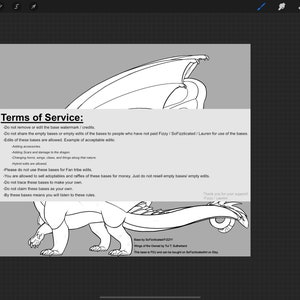 May include: A black and white line drawing of a dragon with wings outstretched. The image includes text that reads "Terms of Service:" and lists rules for using the dragon base.