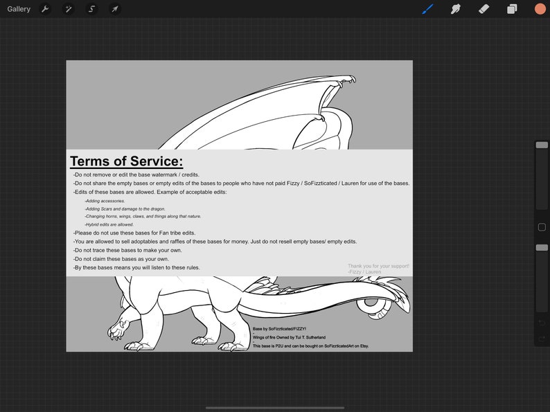 May include: A black and white line drawing of a dragon with wings outstretched. The image includes text that reads "Terms of Service:" and lists rules for using the dragon base.