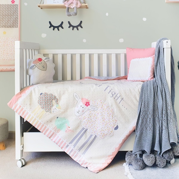 4 Piece Baby Quilt Set // Little Lamb Cot Quilt Cover Set // Baby Girl Nursery Set // Pink and Grey Cot Bedding Set