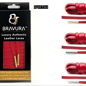 May include: Red leather shoelaces with gold metal tips. The shoelaces are packaged in a black box with the brand name "BRAVURA" and the text "Luxury Authentic Leather Laces".