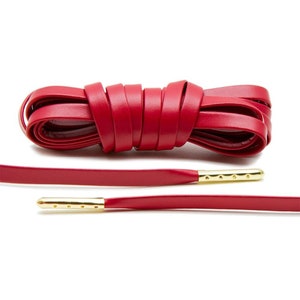 May include: Red leather shoelaces with gold metal tips. The laces are tied in a knot and laid out flat.