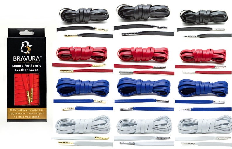 May include: A set of 10 pairs of leather shoelaces in black, red, blue, and white. Each pair has metal tips and comes in a box labeled "BRAVURA&trade; Luxury Authentic Leather Laces".