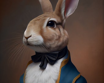 Digital Anthropomorphic Rabbit Portrait, Hare Art, Rabbit Hare Print, Rabbit Hare Painting, Rabbit Poster, Rabbit Clothes, Hare Illustration