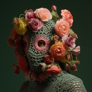 Flores de malha gangster arte crochê máscara facial balaclava pescoço gaiter impressão digital arte da parede download instantâneo design cartaz cartão postal