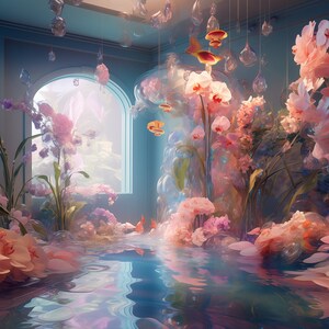 May include: A surreal scene with pink and white flowers, floating in a blue pool of water. The flowers are surrounded by clear bubbles and a light blue ceiling.