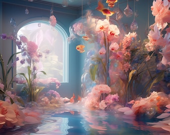 Floating Flowers Hologram Holographic Flower Art Print Iridescent Wall Art Giant Stickers 3D Flower Hologram AI Poster Render Print