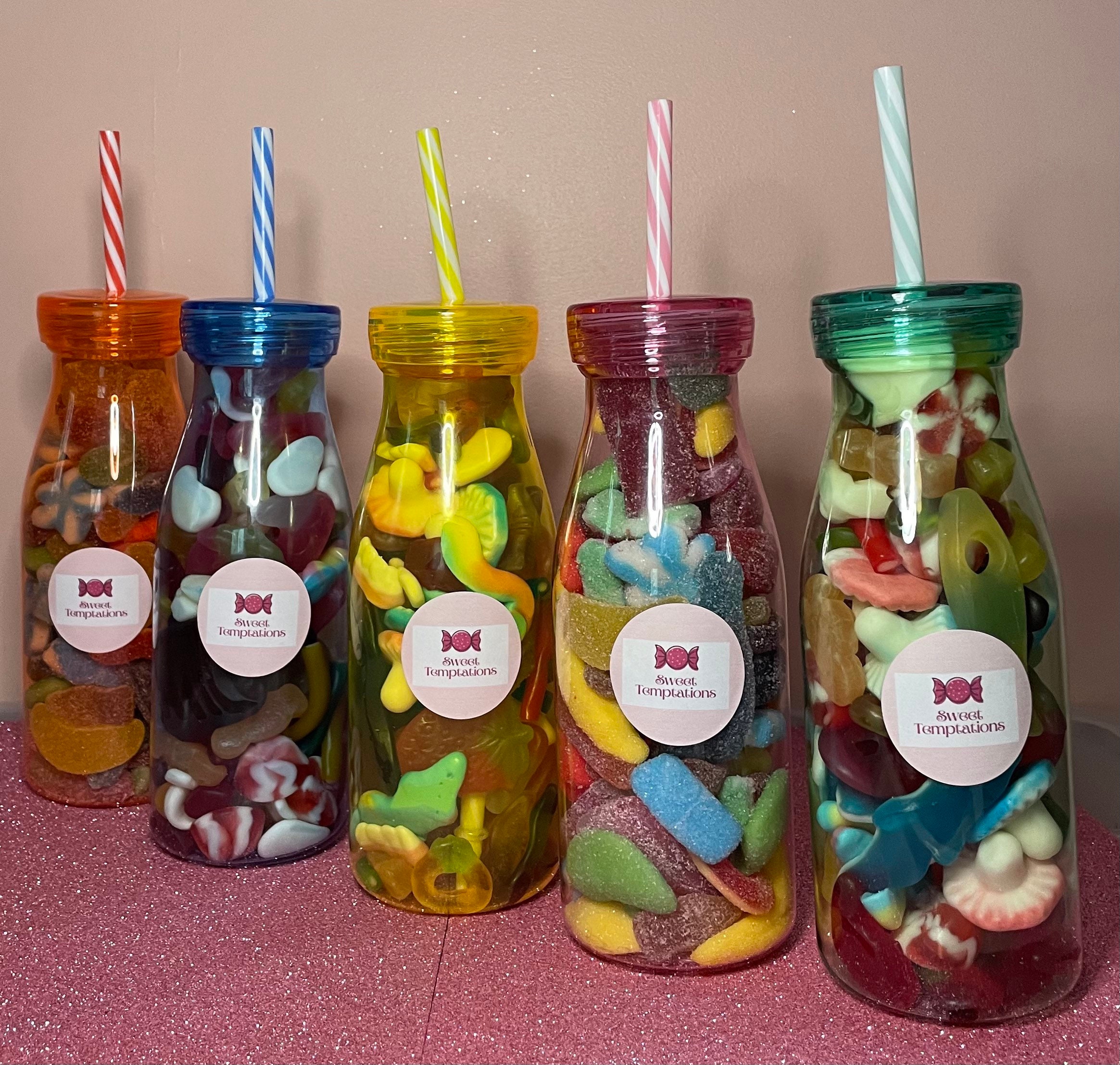 Coloured sweet filled bottles with straws Etsy