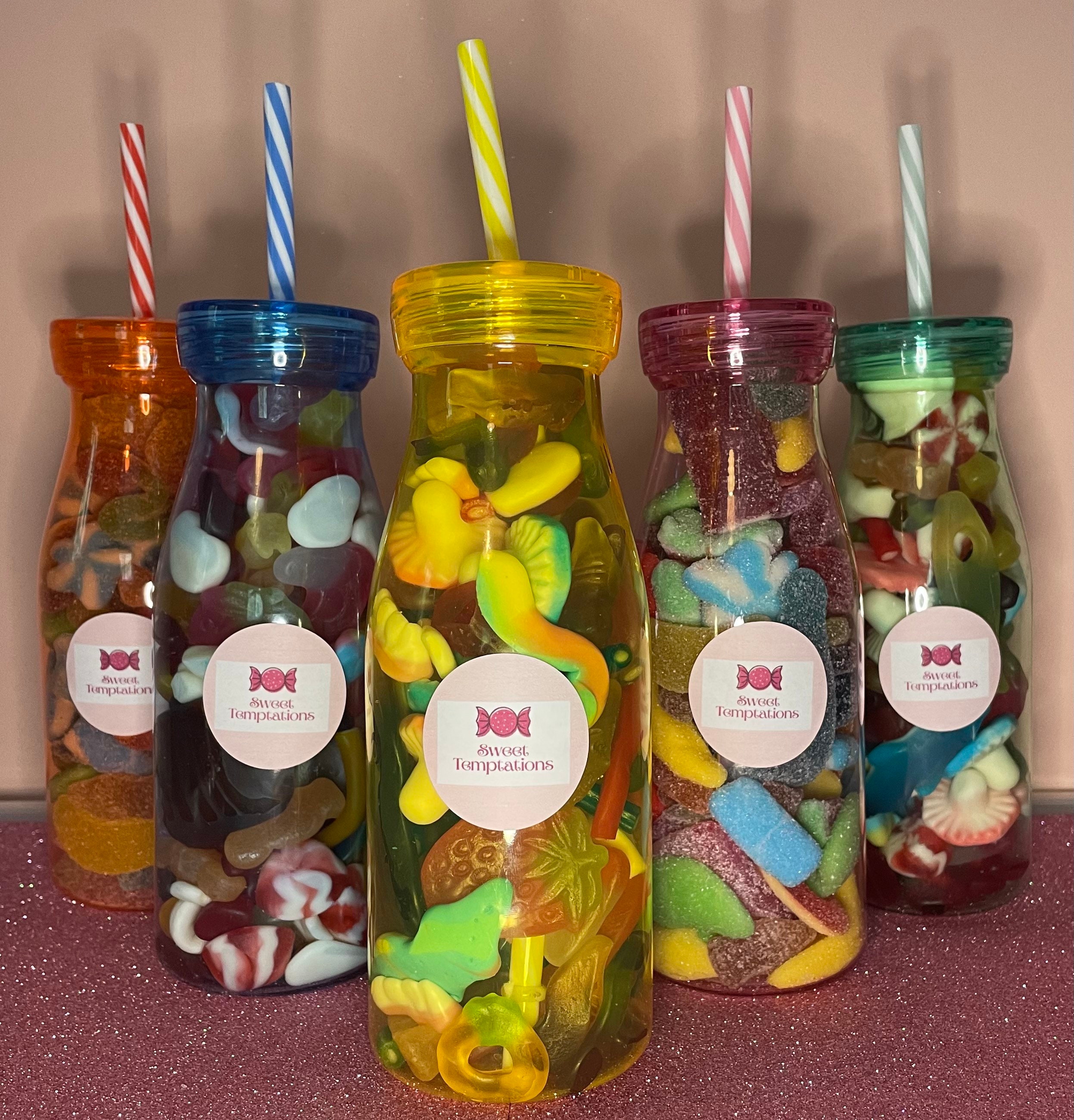 Coloured sweet filled bottles with straws Etsy