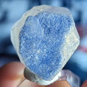 May include: A clear quartz crystal with a blue inclusion. The crystal is faceted and has a rough, textured surface.