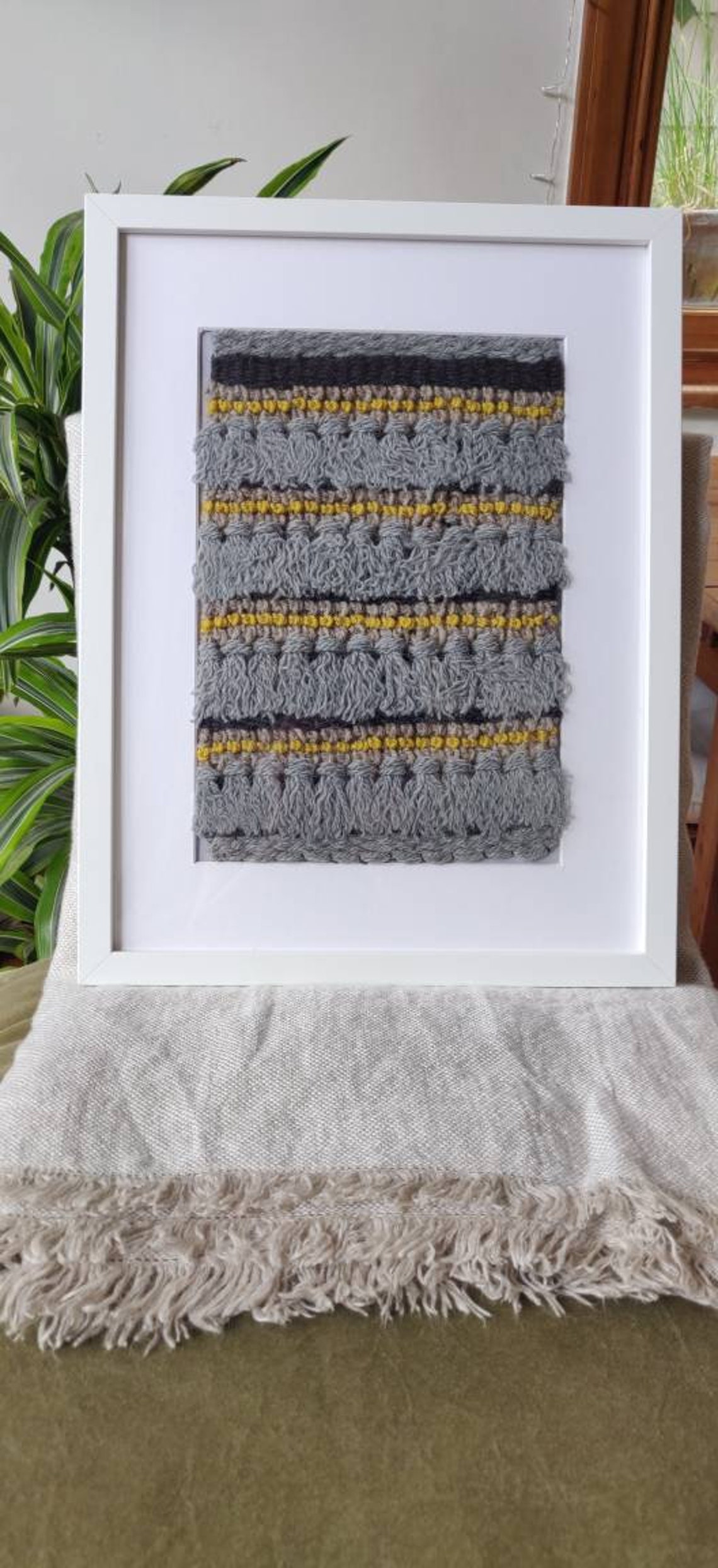 Hand woven tapestry in white frame 30cmx40cm navy grey and Etsy