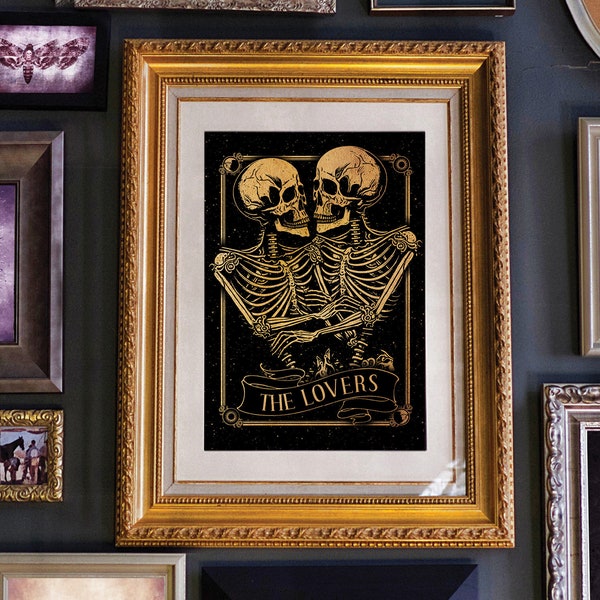 Personalised The Lovers Print in Black & Gold | Gothic Tarot Print, Skeleton Tarot Print, Gothic Anniversary Print, Gothic Valentines Gift.