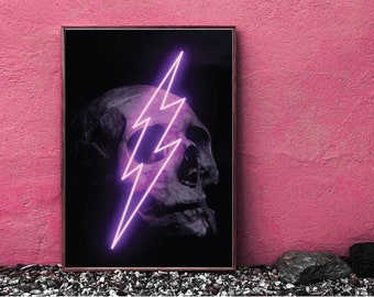 Neon Lightning Bolt Skull Print - Neon Print, Skull Art, Gothic Wall Art. Gothic Prints, Macabre Art, Maximalist Decor, Gothic Decor, Poster