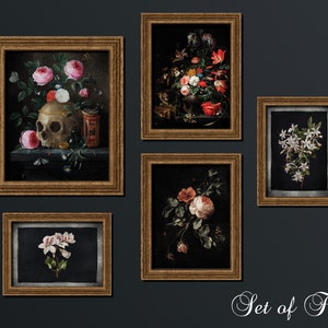 Gothic Floral Print Set of 5 | Antique Reproduction Prints. Dark Academia Decor, Gothic Gallery Wall, Floral Skull, Dark Floral Art, 5GF1