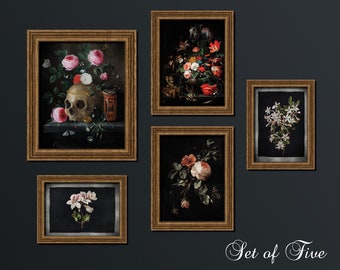 Gothic Floral Print Set of 5 | Antique Reproduction Prints. Dark Academia Decor, Gothic Gallery Wall, Floral Skull, Dark Floral Art, 5GF1