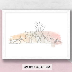 Disney World Orlando Watercolour Print  - Disney Line Art, Disney Castle Art, Disneyworld Gift, Disney World Skyline Print, Disney World Art