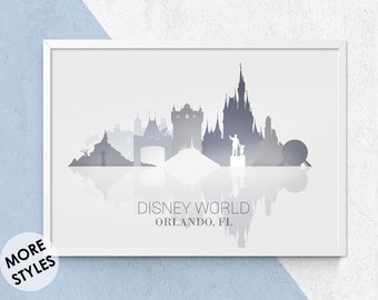 Disney World Orlando Skyline Print in Cool Grey - Disney Nursery Art, Disney Castle Art, Disney Gift, Disney Art Prints, Wall Art, Florida.