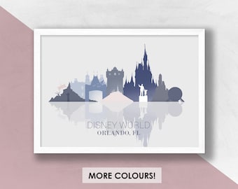 Disney World Orlando Skyline Print in Blue/Grey - Disney Nursery Art, Disney Castle Art, Disney Gift, Disney Art Prints, Wall Art, Florida.