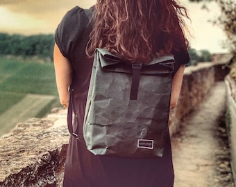 Paper & Sons backpack for women and men, backpack made of paper, sustainable, kraft paper backpack black 10l vegan, 13" laptop backpack