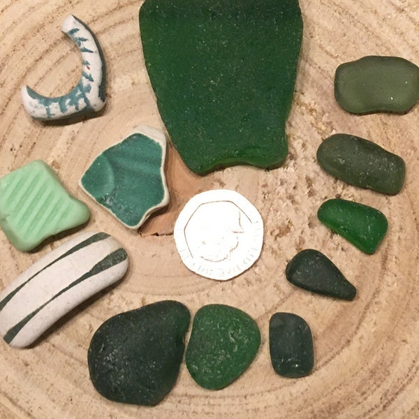 SCOTTISH BEACH FINDS Green Pieces of Sea Glass and Pottery Very Tactile & Sea Worn