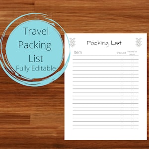Travel Packing List Template, EDITABLE, Printable, Holiday Must have, Vacation Checklist, Packing Sheet Downloadable, Packing List for Kids