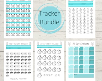 May include: A printable tracker bundle with five different trackers: water tracker, savings tracker, debt payoff tracker, 21-day habit tracker, and 30-day challenge. The trackers are designed with a black and white color scheme and feature a turquoise blue background.