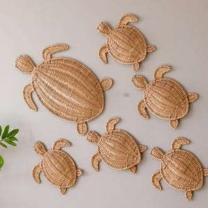 Ensemble de décoration murale tortue de mer en osier, art mural bohème en rotin pour chambre d'enfant, décoration intérieure de style bord de mer